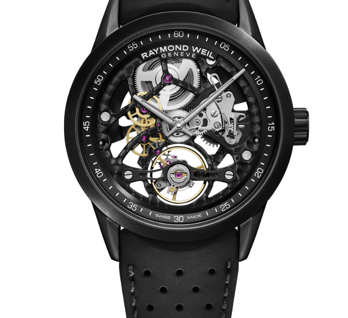 μαύρο αντρικό ρολόι με δερμάτινο λουράκι raymond weil